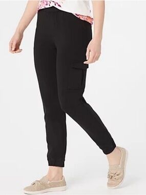 Denim & Co. Plus Size Black Knit Pull On Tapered Cargo Pocket Pants Size 1XP